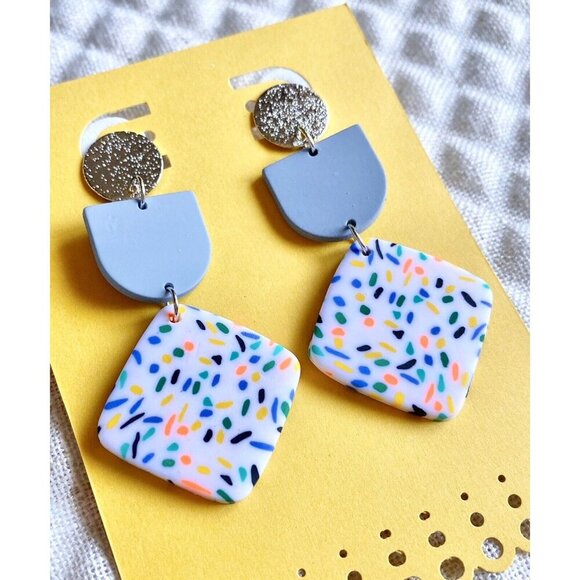 New Blue White Multicolor Dot Geometric Retro 80s Style Matte Earrings - 2.50" - Picture 5 of 5